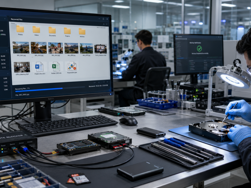 Windows computer recovering deleted files from an SSD and external hard drive using professional data recovery software in a modern IT workspace.