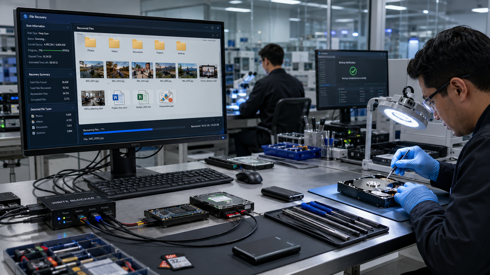Windows computer recovering deleted files from an SSD and external hard drive using professional data recovery software in a modern IT workspace.
