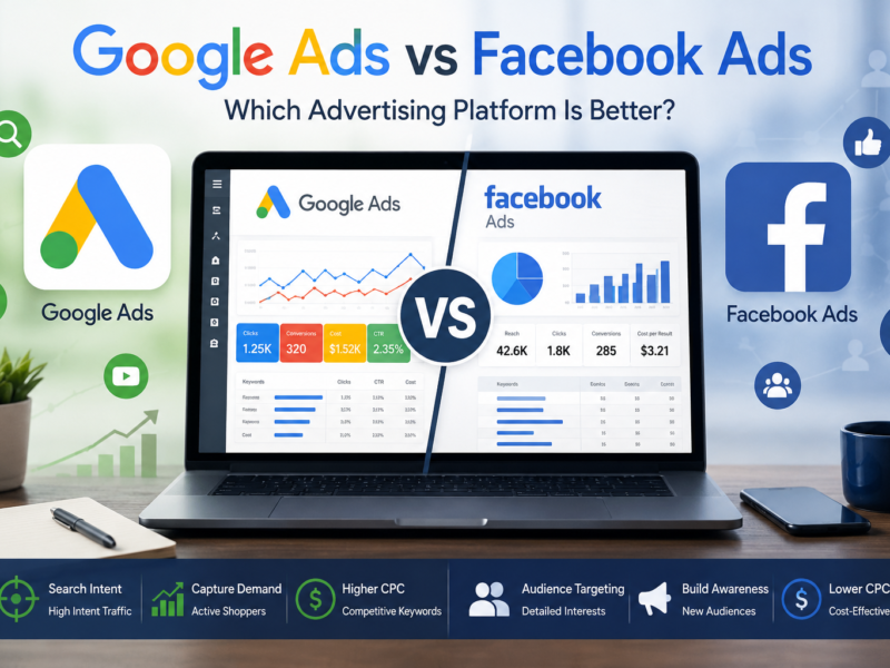 Comparison of Google Ads and Facebook Ads showing advertising dashboards, campaign performance metrics, audience targeting, search advertising, and social media marketing strategies.