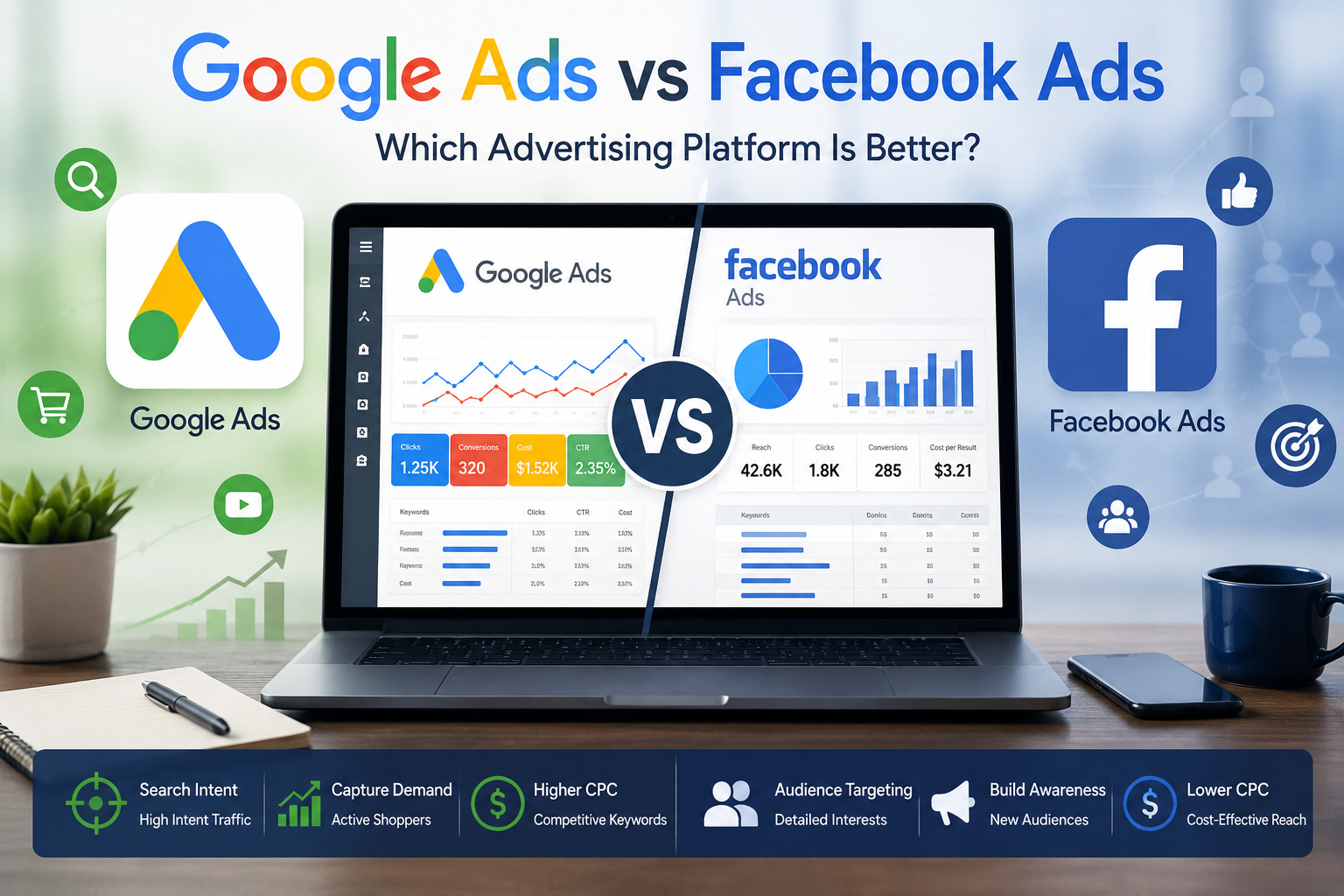 Comparison of Google Ads and Facebook Ads showing advertising dashboards, campaign performance metrics, audience targeting, search advertising, and social media marketing strategies.