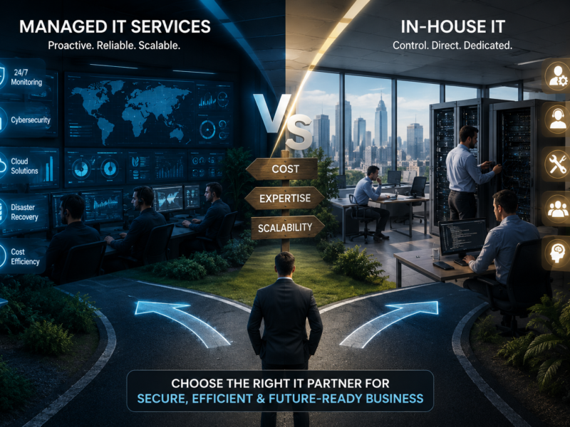 Comparison of Managed IT Services and In-House IT showing outsourced IT operations, internal IT support teams, enterprise servers, cybersecurity monitoring, cloud services, and business technology management.