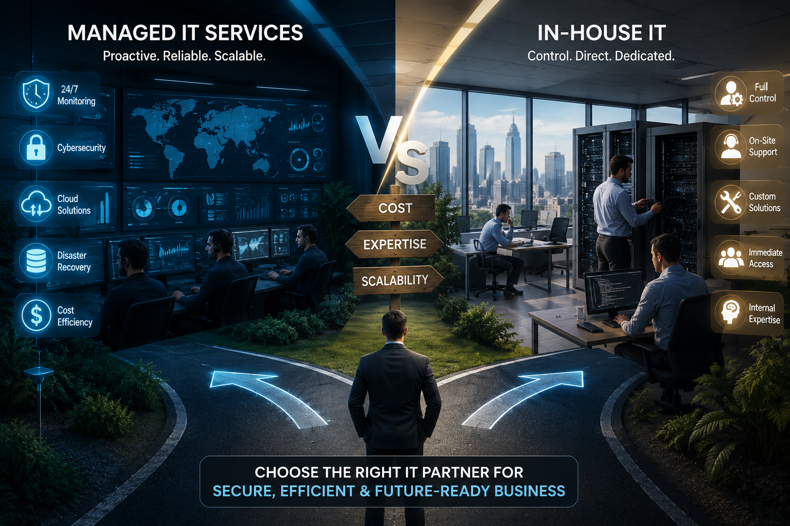Comparison of Managed IT Services and In-House IT showing outsourced IT operations, internal IT support teams, enterprise servers, cybersecurity monitoring, cloud services, and business technology management.