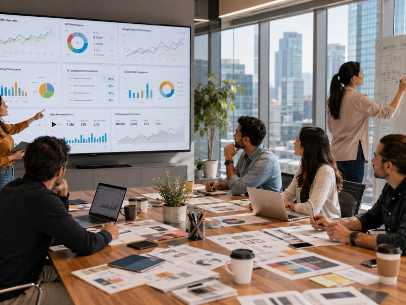 Marketing team analyzing SEO, social media, AI marketing, email campaigns, video marketing, and digital advertising trends in a modern strategy room.