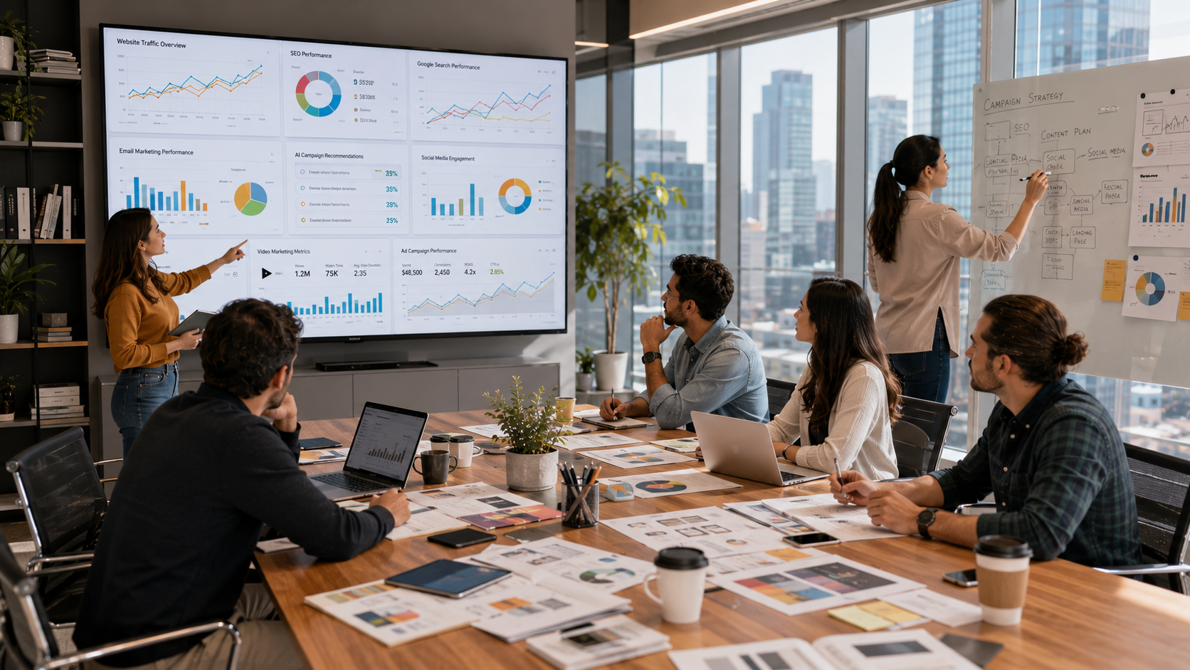 Marketing team analyzing SEO, social media, AI marketing, email campaigns, video marketing, and digital advertising trends in a modern strategy room.