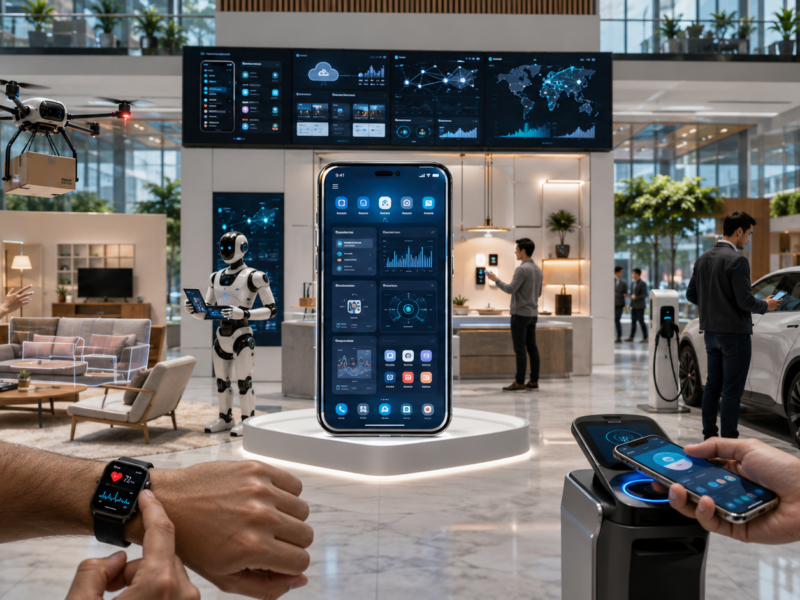 Modern smartphone displaying AI, augmented reality, IoT, 5G, cloud computing, and blockchain mobile app technologies shaping the future of mobile app development.