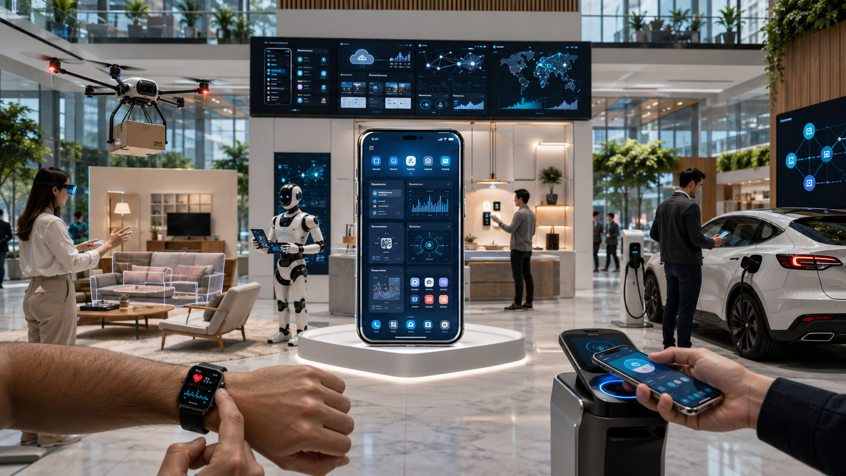 Modern smartphone displaying AI, augmented reality, IoT, 5G, cloud computing, and blockchain mobile app technologies shaping the future of mobile app development.